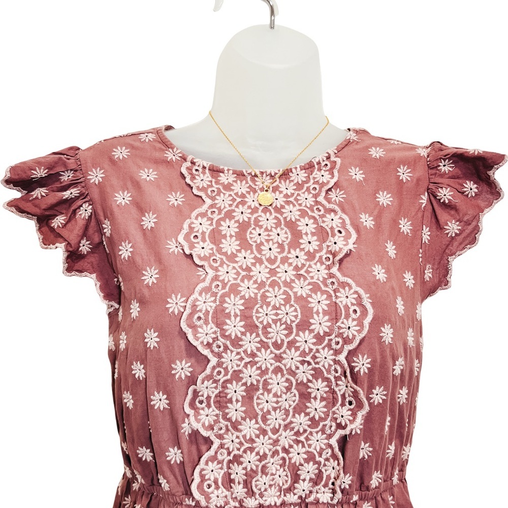 Bohme: Floral embroidered eyelet midi dress ruffle cap sleeves in dusty rose (S) - Picture 4 of 11